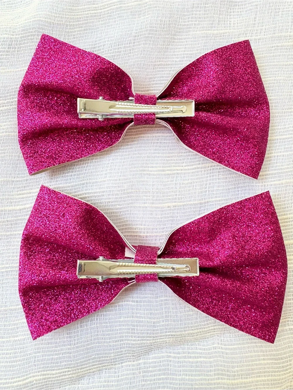 Hot Pink Glitter Hair Bow Clips Set of 2 Handmade Large Bows